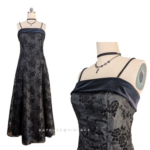 Vintage Prom Dress Maxi Ball Gown Black 8 90s Y2K Goth Whimsigoth Velvet Floral - Picture 1 of 8